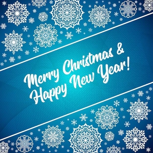 White snowflakes on a blue abstract background. Stylish minimalistic Christmas card for Xmas and New Year.