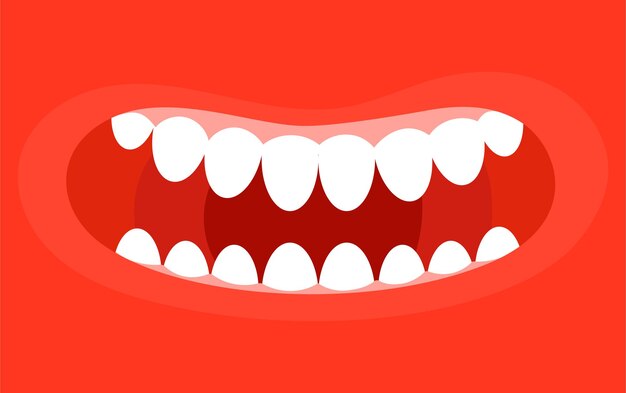 white teeth and red gums smiling on a red background