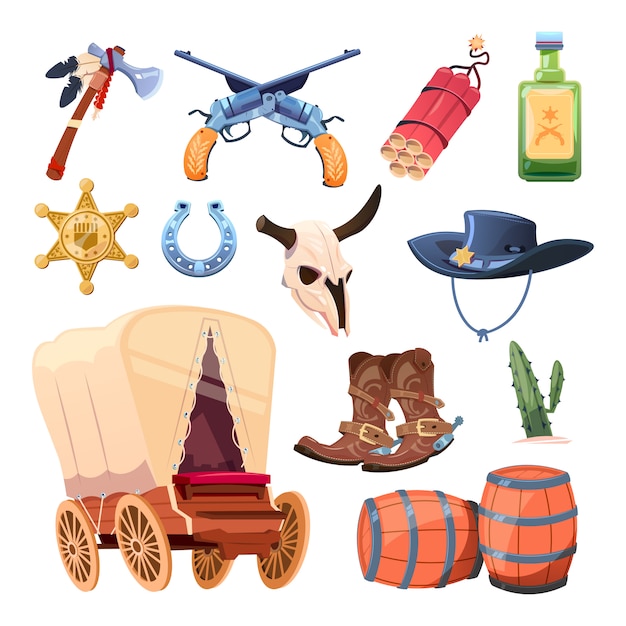 Wild west cartoon set. Cowboy boots, hat and gun. Bull skull, tomahawk, drink, dessert flower isolated on white background