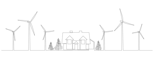 Wind farm turbines and windmill with family house in One continuous line drawing Green energy and renewable source of power concept in simple linear style Contour vector illustration