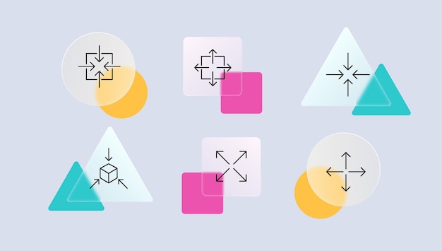 window control buttons set icon touch control zoom in zoom out full screen cube 360 degrees viewing angle view technology concept glassmorphism style vector line icon