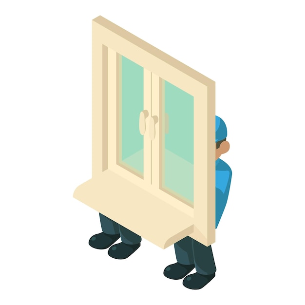 Window installation icon isometric vector Worker carry window for installation Repair and construction concept