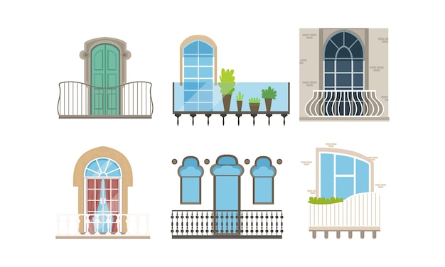 Windows with Balconies of Different Styles Set Classic and Modern House Exterior Building Facade Design Vector Illustration
