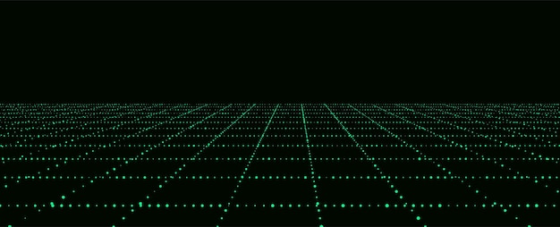 Wireframe landscape Vector perspective grid Digital space Green mesh on a black background