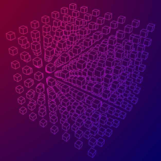 wireframe mesh cube make with many small cubes connection structure digital data visualization