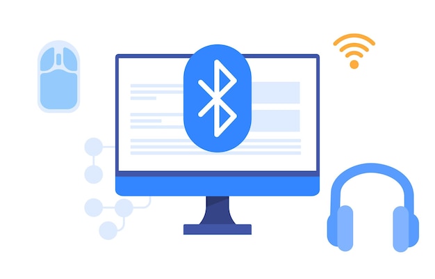 Wireless technology concept Computer with mouse and headphones Innovations Internet communication Cartoon flat vector illustration isolated on grey background