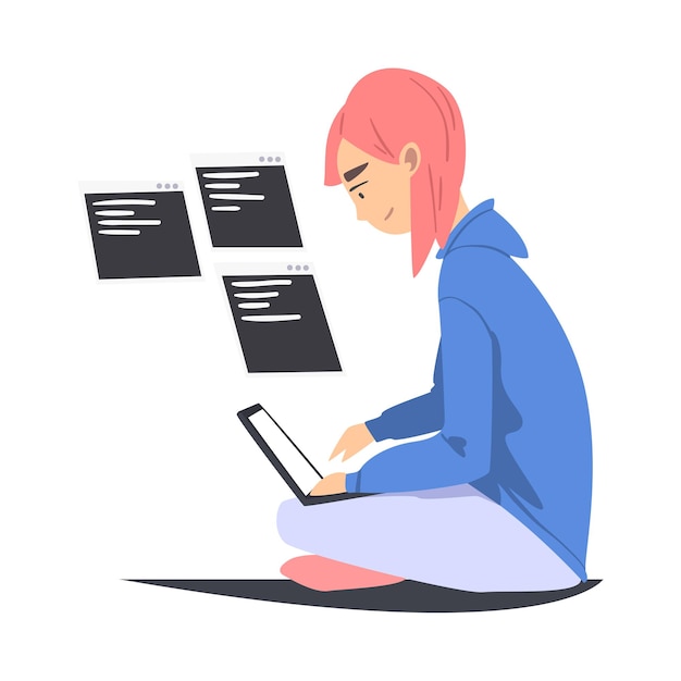 Woman as Software Developer or Programmer Engaged in Coding in Serverside Framework on Laptop Vector Illustration