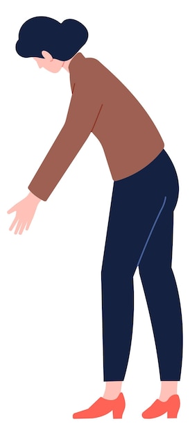 Woman bending and looking down Person holding something