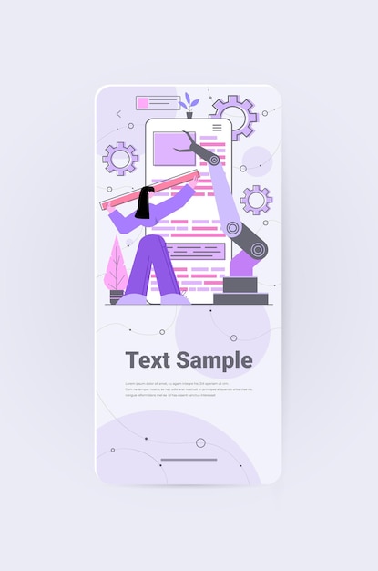 woman developer with robotic hand creating mobile website ui web application development program software optimization concept vertical copy space full length 