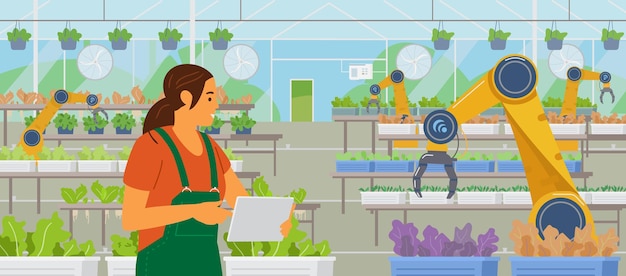 Woman Farmer Holding Tablet Managing Greenhouse With Mobile App Glasshouse