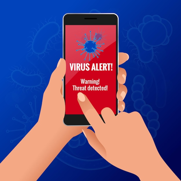 woman hand holding a generated touch phone with virus alert on the screen concept. hacking smartphone user database. new technologies security.