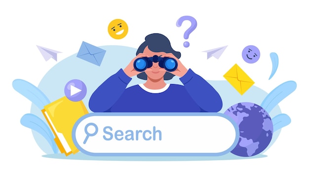 woman looking for new business or career opportunities. person looking into future choosing direction of development. curious characters looking through binoculars. business research, web surfing