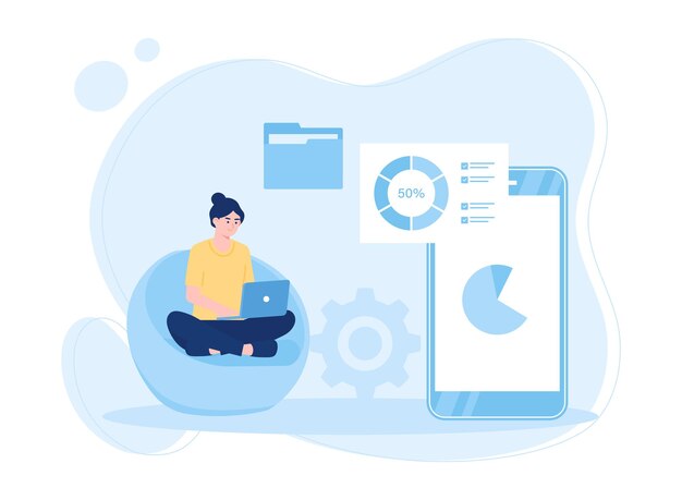 woman moving files from laptop to smartphone trending concept flat illustration