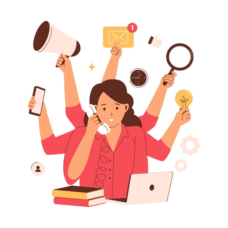 Vector woman multitasking projects illustration concept