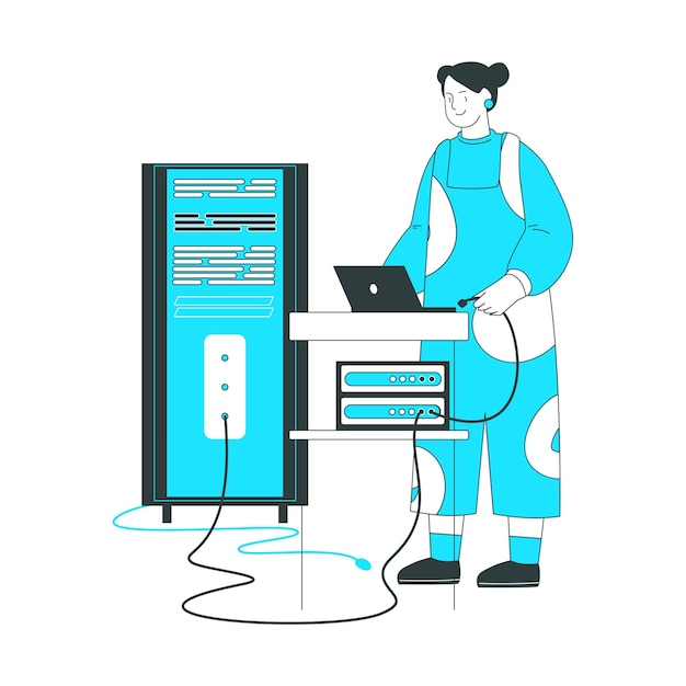 woman plugs her laptop into the server