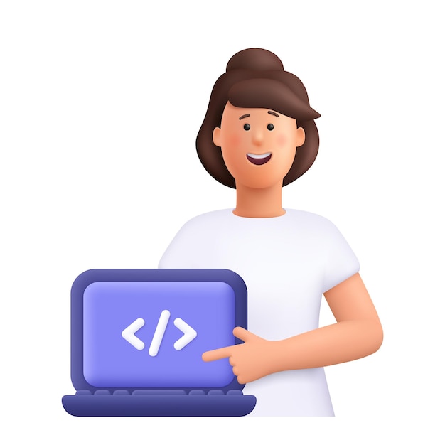 Woman pointing to laptop with code symbol 3d people character illustration Cartoon minimal style