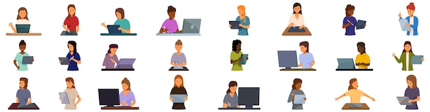 Woman using tablet pen vector A group of people are sitting at desks and using laptops