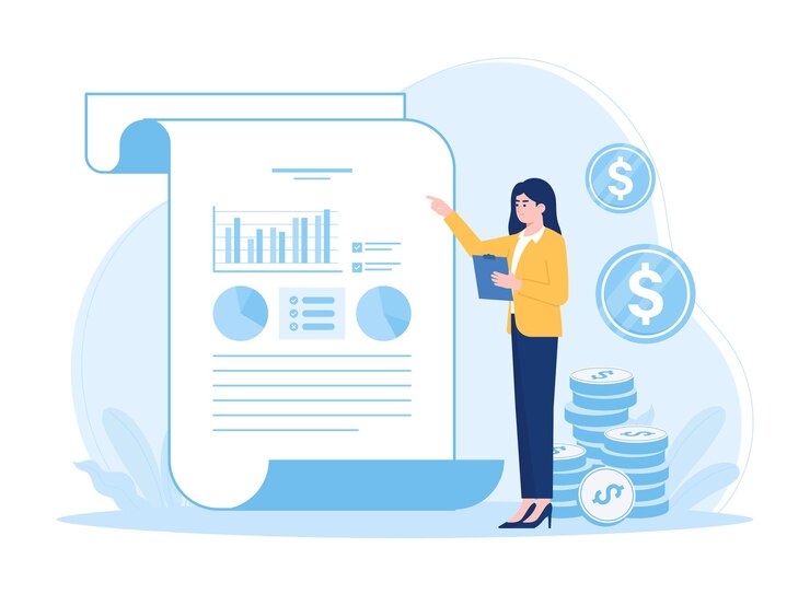 Vector women analyze data graphs of growth and money earnings concept flat illustration
