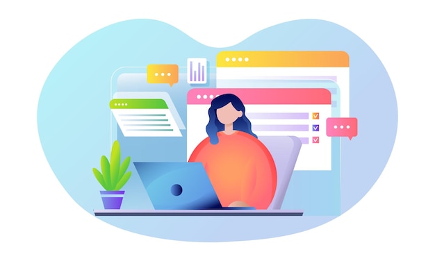 Women with laptop on the table Online education and online work concept Flat style gradient