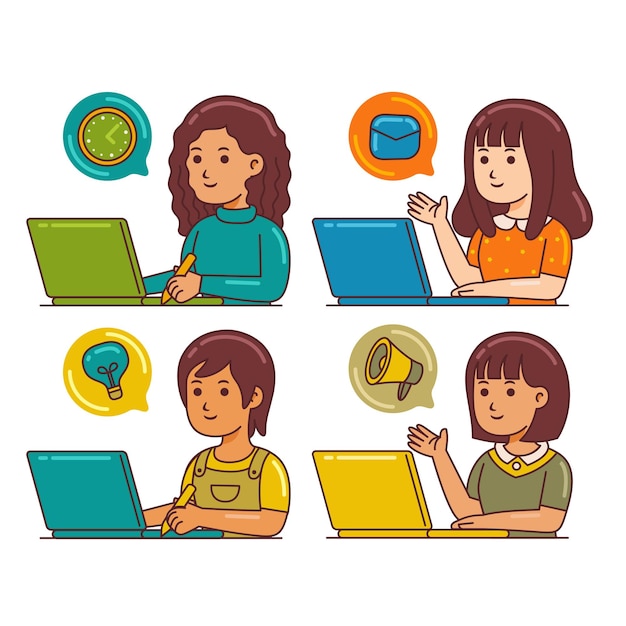 Women Working with Laptop in Cartoon Style