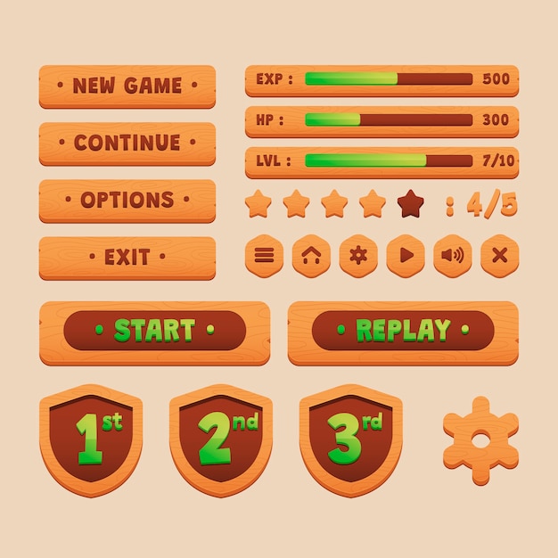 Wooden cartoon game interface collection