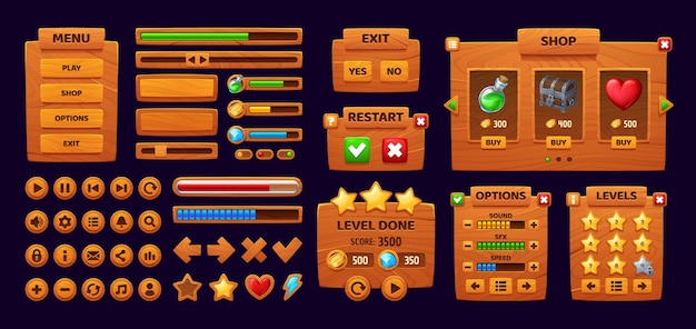 wooden game interface gui buttons and panels