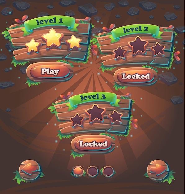 Wooden game user interface window levels vector illustration