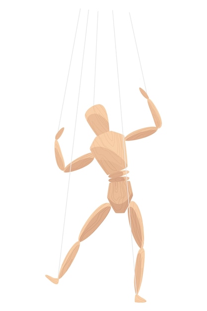Wooden marionette with joints Wood human anatomy statue doll or handmade puppet theater toy men figure Dummy or mannequin at control rope vector illustration