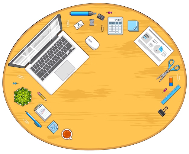 Wooden office desk workspace top view with PC notebook and diverse stationery objects for work with copy space for text. All elements are easy to use separately or recompose illustration. Vector.