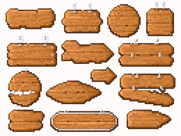 wooden pixel signs retro 8 bit video game board frame vintage blank banner panel pixelated wooden panel and signpost vector isolated set