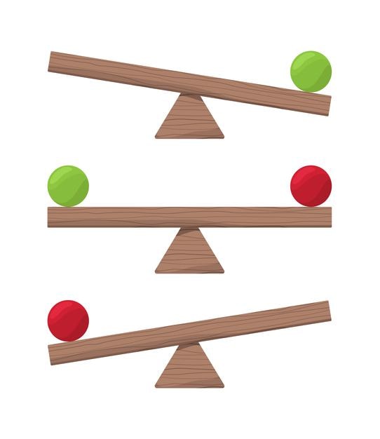 Wooden seesaw. Balance scale or equilibrio items vector flat illustrations. Board balance equality, scale and compare totter, swing teeter