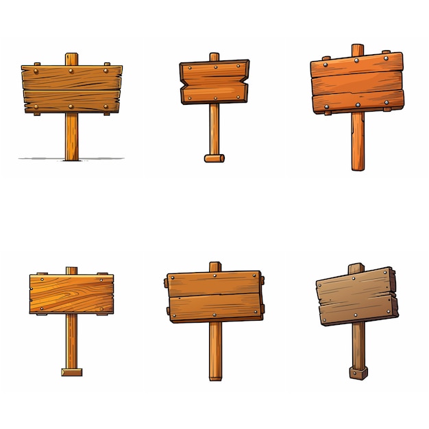 Wooden signboard set Medieval wood signs boards on pole Road direction signposts Vector art