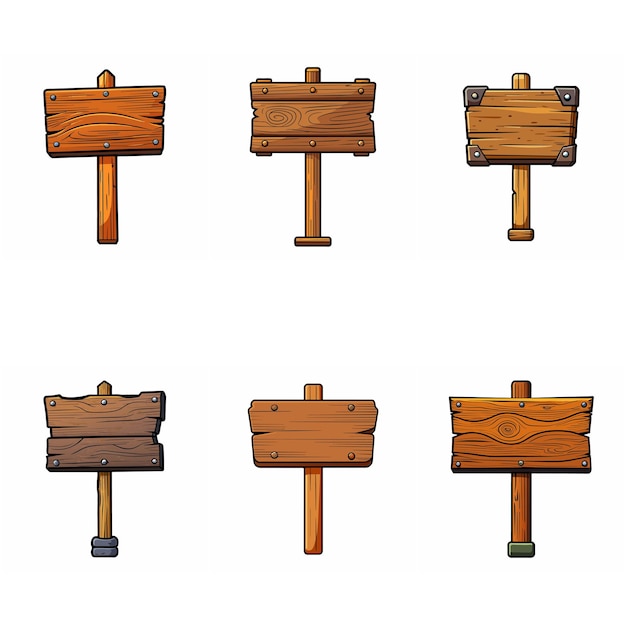 Wooden signboard set Medieval wood signs boards on pole Road direction signposts Vector art
