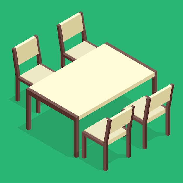 wooden table with chairs for cafes. modern table and chairs on white background. flat 3d isometric vector illustration