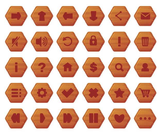 Wooden UI buttons with symbols Interface and menu wood icons GUI asset Interactive interaction Website design Navigation arrows Player panel Game play hexagon elements vector set
