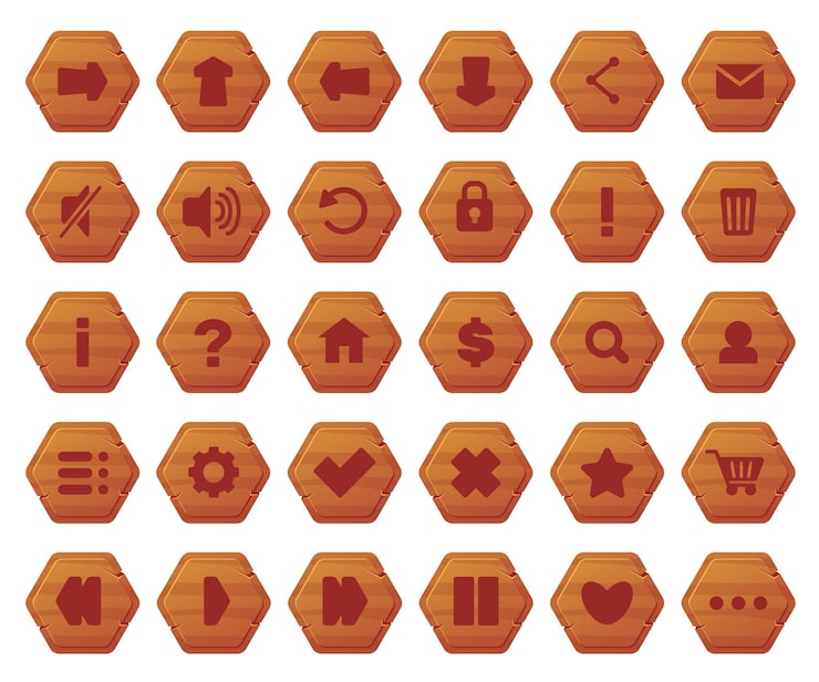 Vector wooden ui buttons with symbols interface and menu wood icons gui asset interactive interaction website design navigation arrows player panel game play hexagon elements vector set