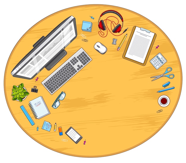 Wooden work desk workspace top view with PC computer and a lot of different stationery objects on table with copy space. All elements are easy to use separately or recompose illustration. Vector.