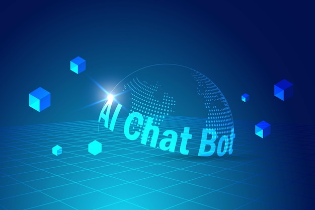 Word AI chat bot with block chain on world in cyber space background Artificial intelligence answer technology generate creative solution and smart communicate to people 3D vector