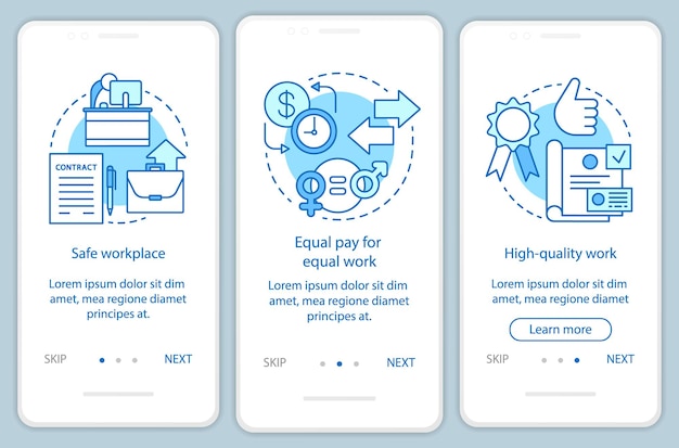 Work ethics onboarding mobile app page screen vector template. Safe workplace, equal pay for work. Walkthrough website steps with linear illustrations. UX, UI, GUI smartphone interface concept