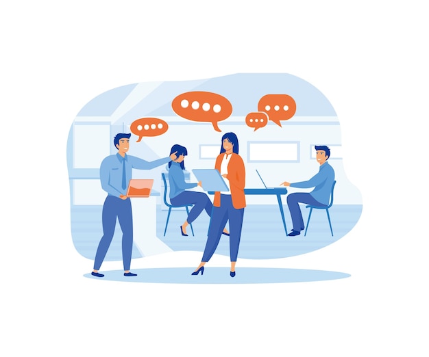 work talk and discussion people in office having business conversation with speech bubbles