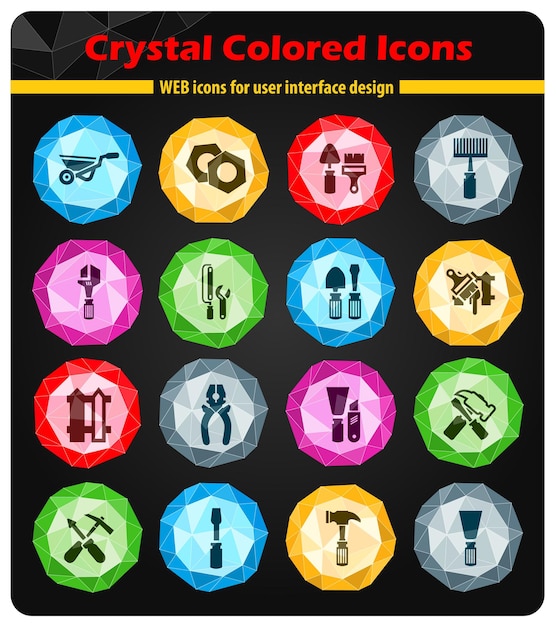 Work tools icons on bright colored buttons crystals