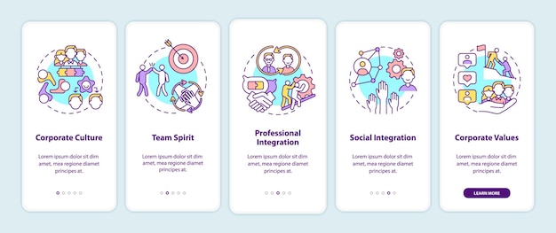 Worker adaptation elements onboarding mobile app page screen with concepts. Work in team. Corporate culture walkthrough  steps. UI  template illustrations