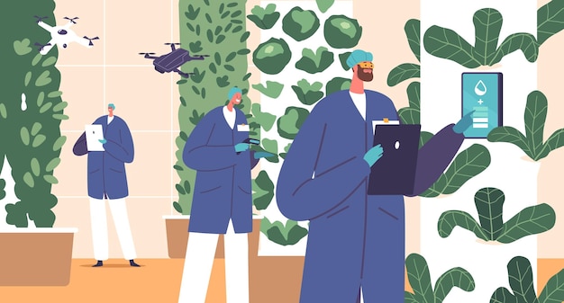 Worker Characters Use Automation Technology for Crop Production Integration Of Machinery To Optimize Farming Processes Enhancing Efficiency And Crop Yields Cartoon People Vector Illustration