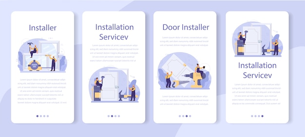 Worker in uniform install window and door mobile application banner set