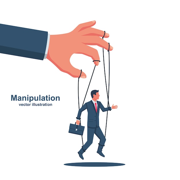worker on ropes abuse of power hand of puppeteer holding a little businessman on a leash