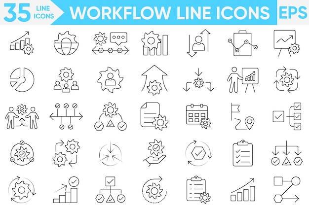 WorkFlow Line icon set planning progress server monitoring computing diagram workflow processing operation flowchart and moreVector and illustrator set