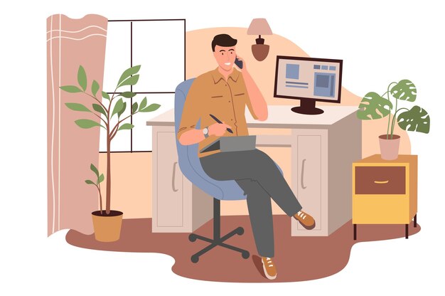 Workplace web concept. Man works on graphic tablet and making call