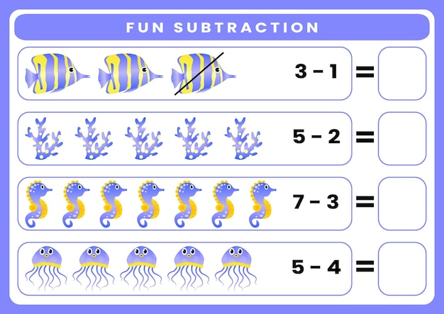 worksheet for kids fun subtraction by counting and eliminating cute cartoon sea animal