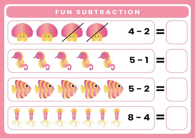 worksheet for kids fun subtraction by counting and eliminating cute cartoon sea animal