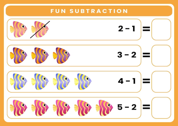 worksheet for kids fun subtraction by counting and eliminating cute cartoon sea animal